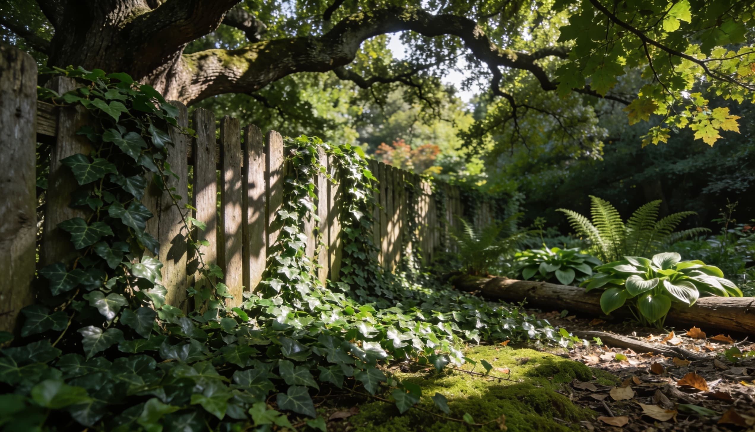Lush English ivy growing as a dense evergreen ground cover in a shaded woodland or garden wall setting.