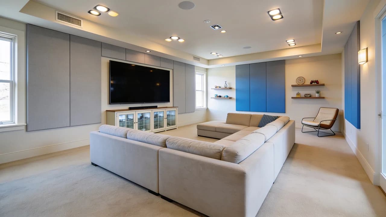 Entertainment room addition with media setup and comfortable seating.