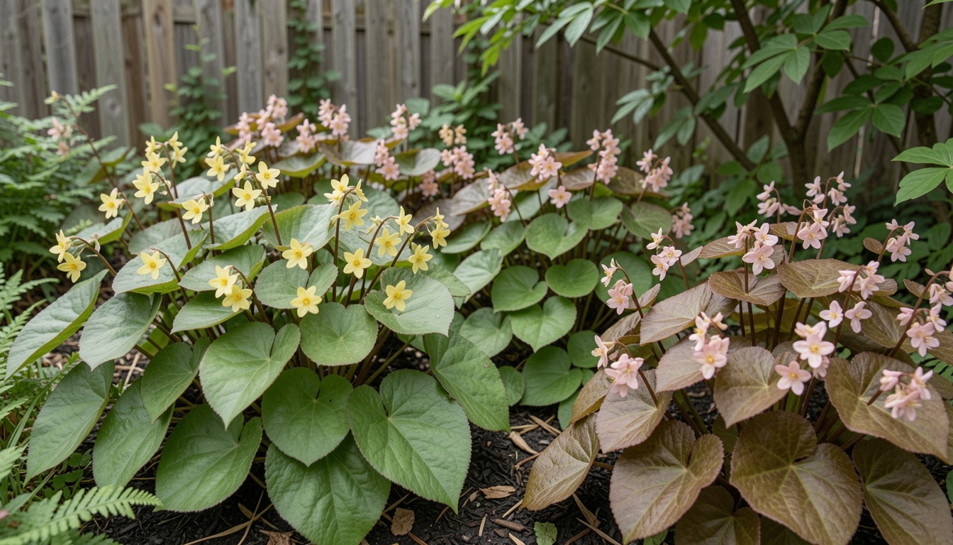Epimedium plants with heart-shaped leaves in shades of green and bronze, accented by tiny yellow and pink flowers, growing in a shaded woodland garden.