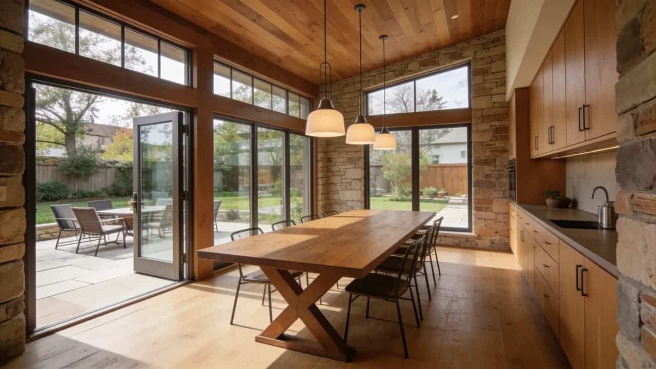 Expanded dining room addition with backyard-facing windows.