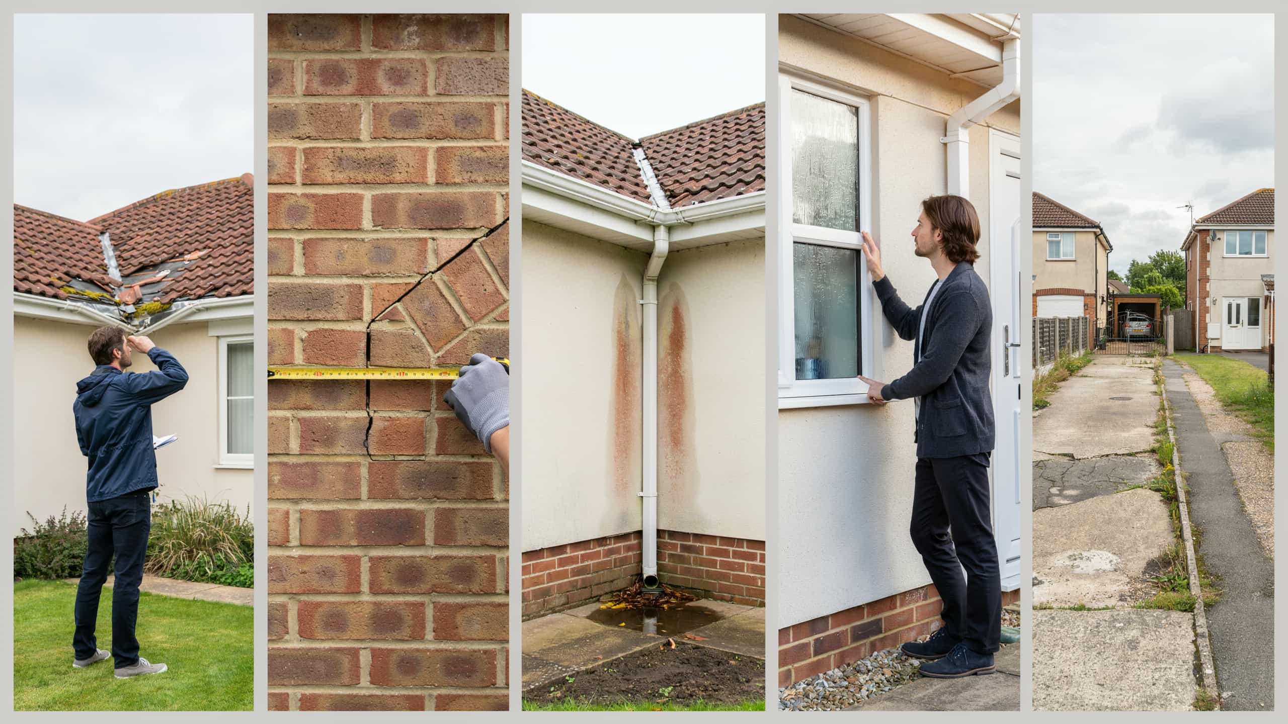 Homebuyer examining roof, wall cracks, gutters, windows, and driveway during an exterior house inspection.