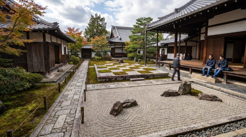 Spacious Japanese temple courtyard featuring a large rock garden, raked sand patterns, and visitors seated along wooden walkways