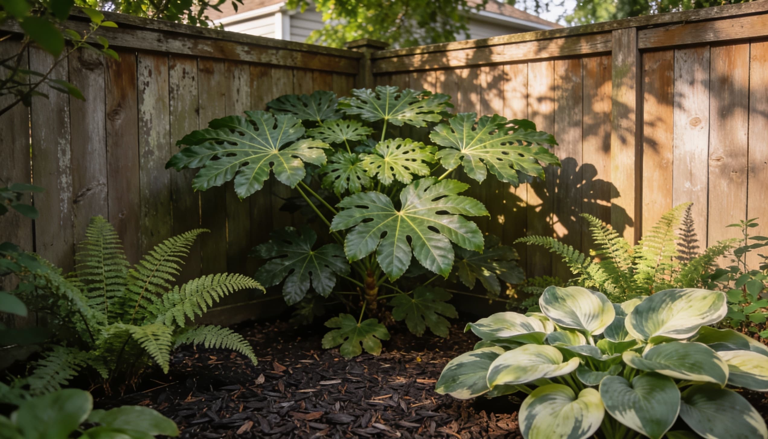 Fatsia japonica standing in a shaded garden setting, featuring large glossy green palmate leaves with deep lobes and a tropical appearance