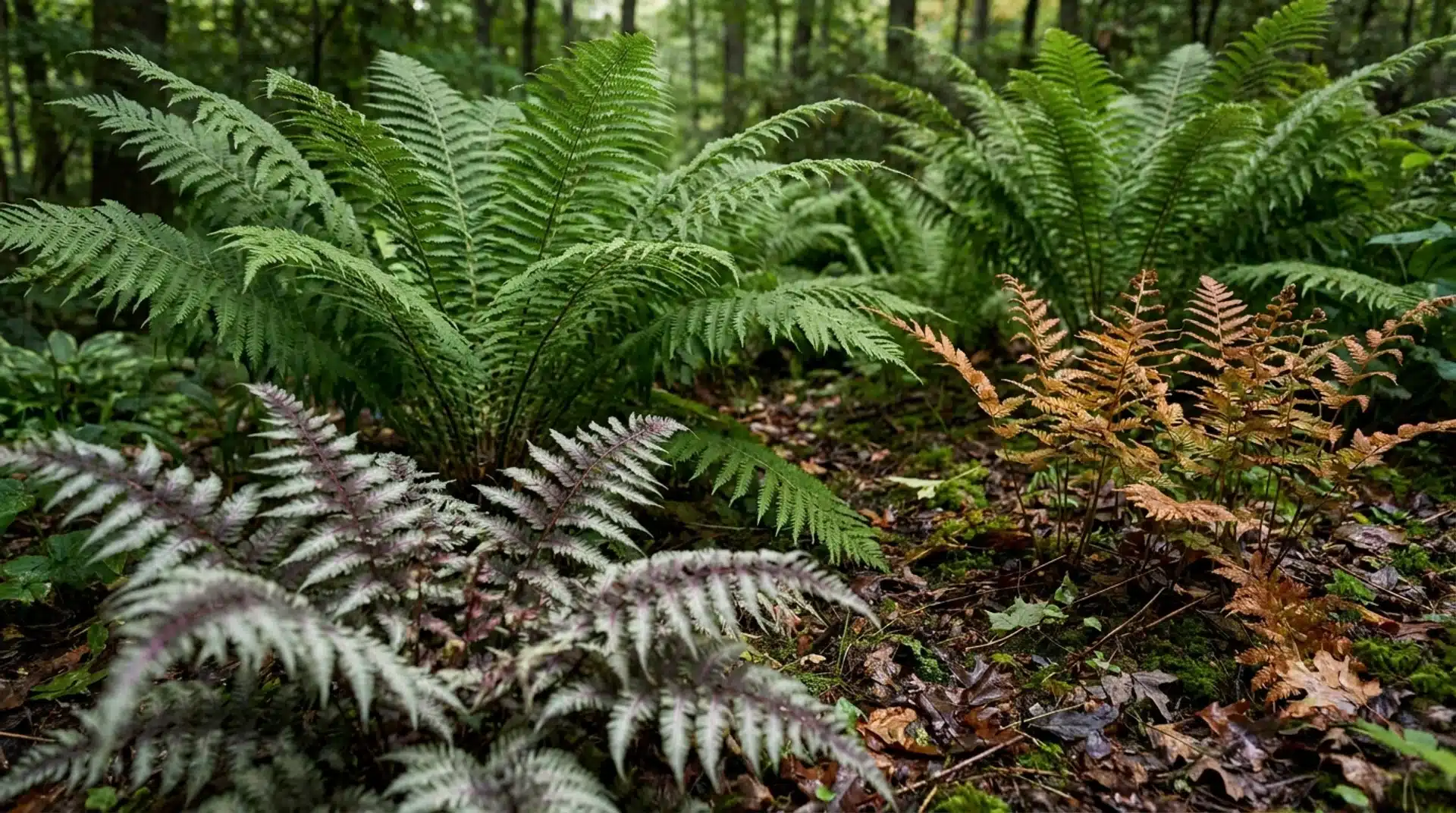 Mass planting of Japanese painted ferns, ostrich ferns, and autumn ferns in a layered woodland shade garden.