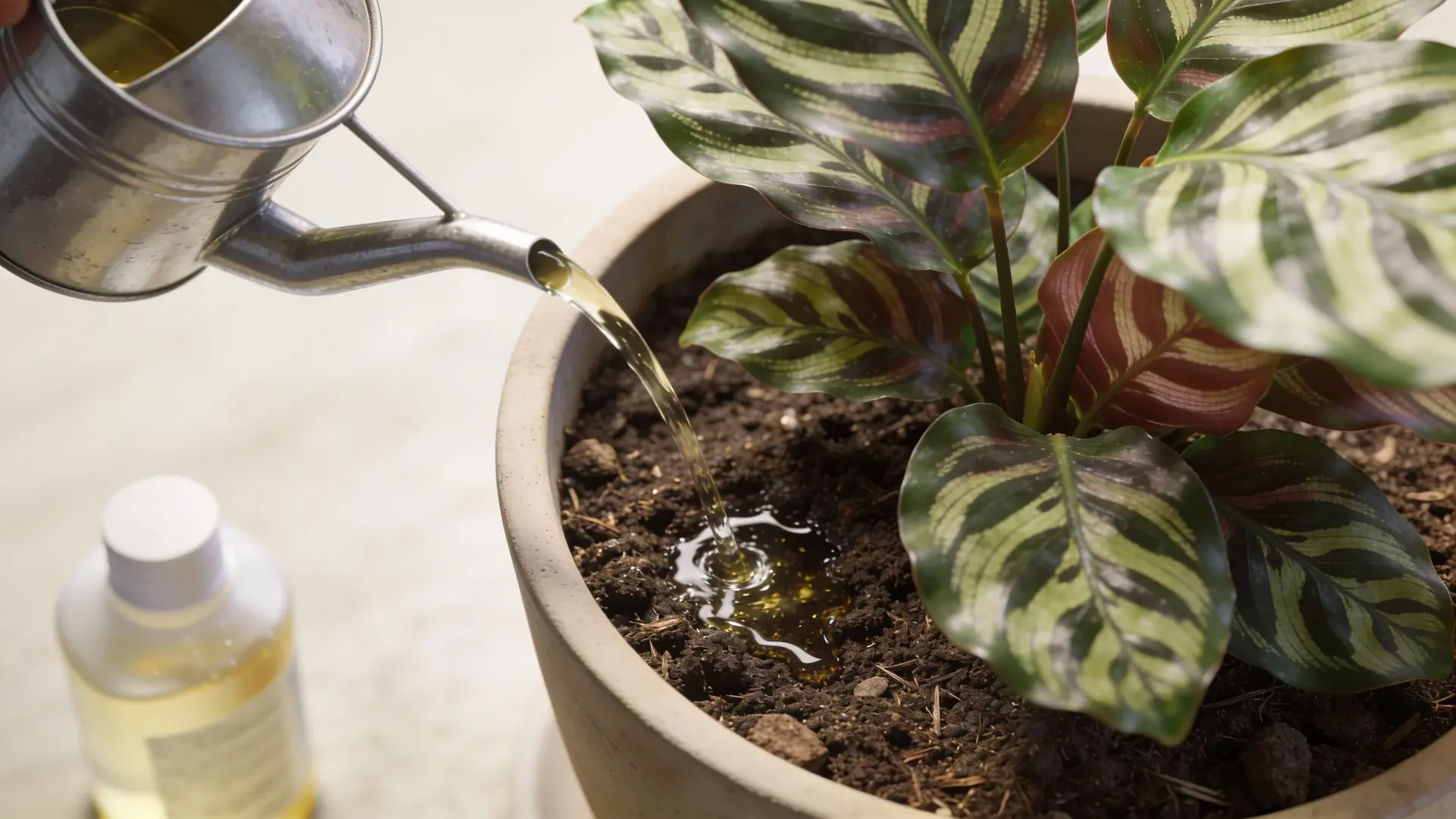 Calathea receiving diluted fertilizer watering in indoor pot