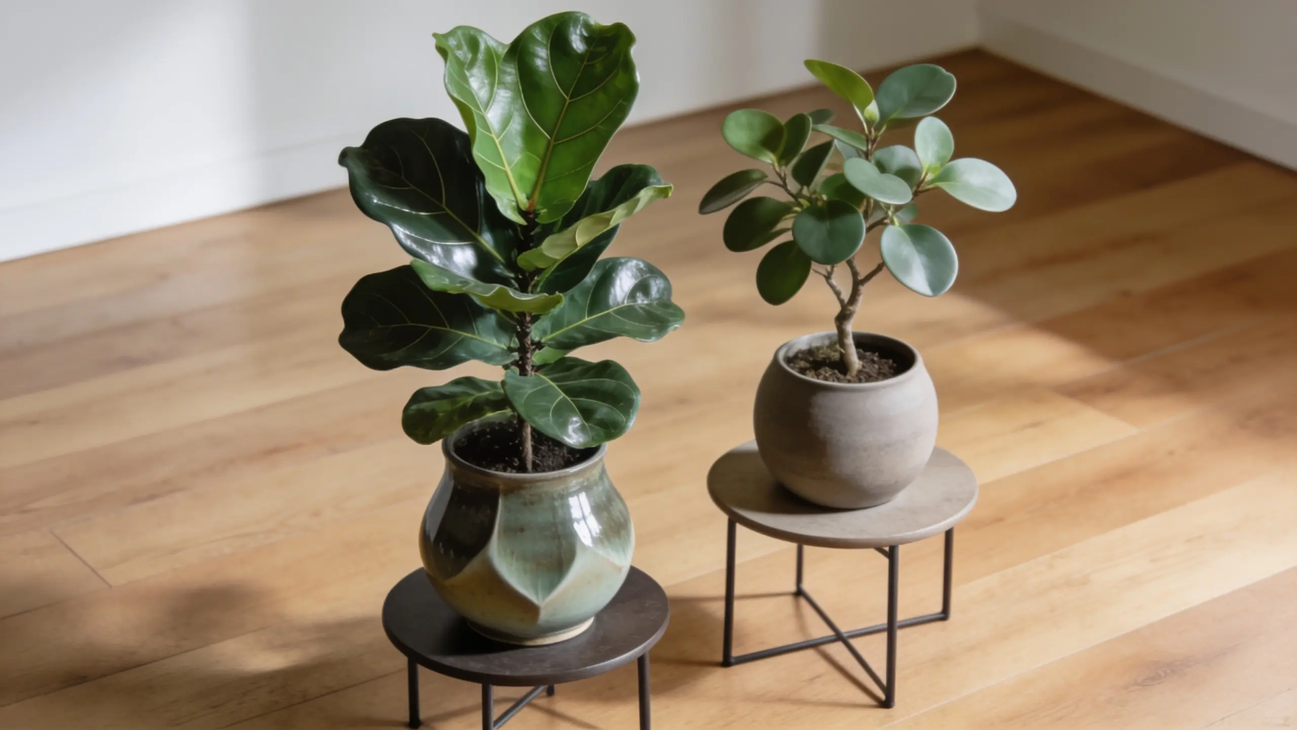 Two indoor plants side by side: Fiddle leaf fig with large glossy leaves and Ficus Audrey with softer oval leaves in minimalist pots.