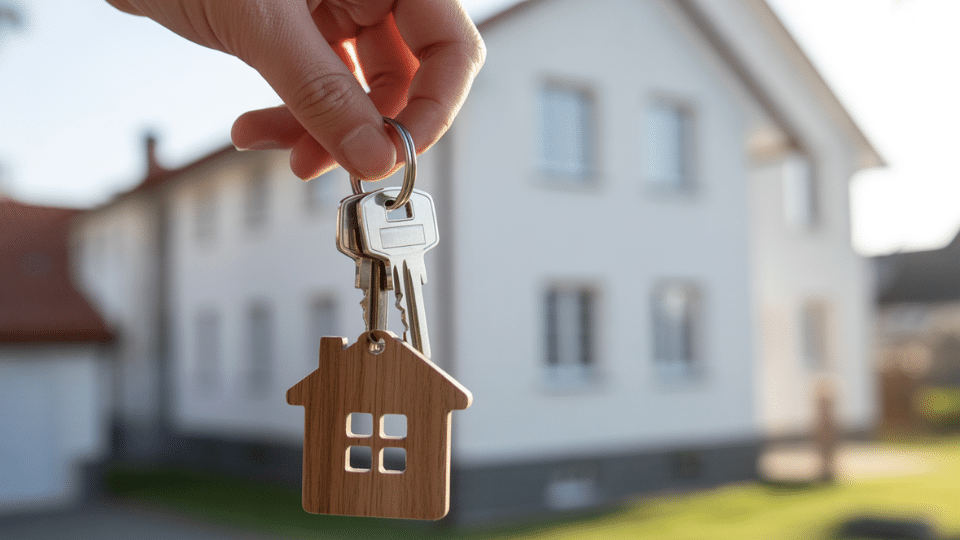 Close-up of a person handing over house keys with a wooden house keychain in front of a suburban home.