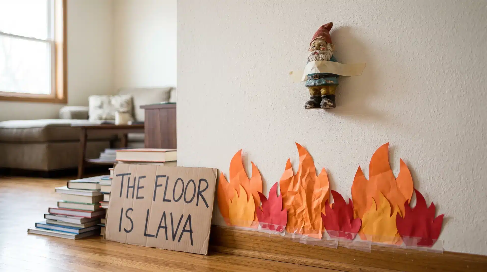 Elf on the shelf taped above paper flames on a wall with a floor is lava sign below.