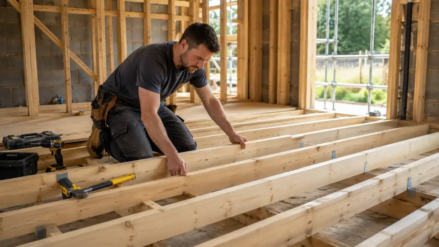 Builder installing C16 timber floor joists inside a timber frame house with tools and evenly spaced structural beams