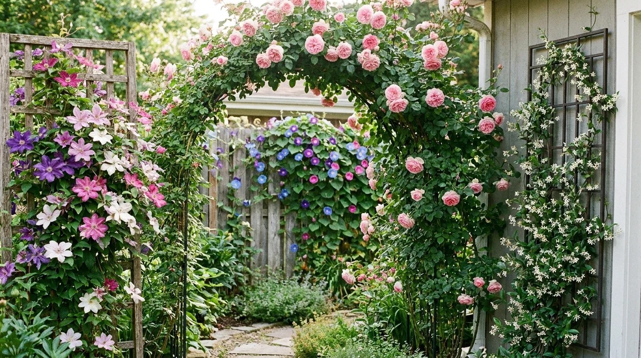 Flowering plants including roses, clematis, jasmine, and morning glory growing on garden trellises.