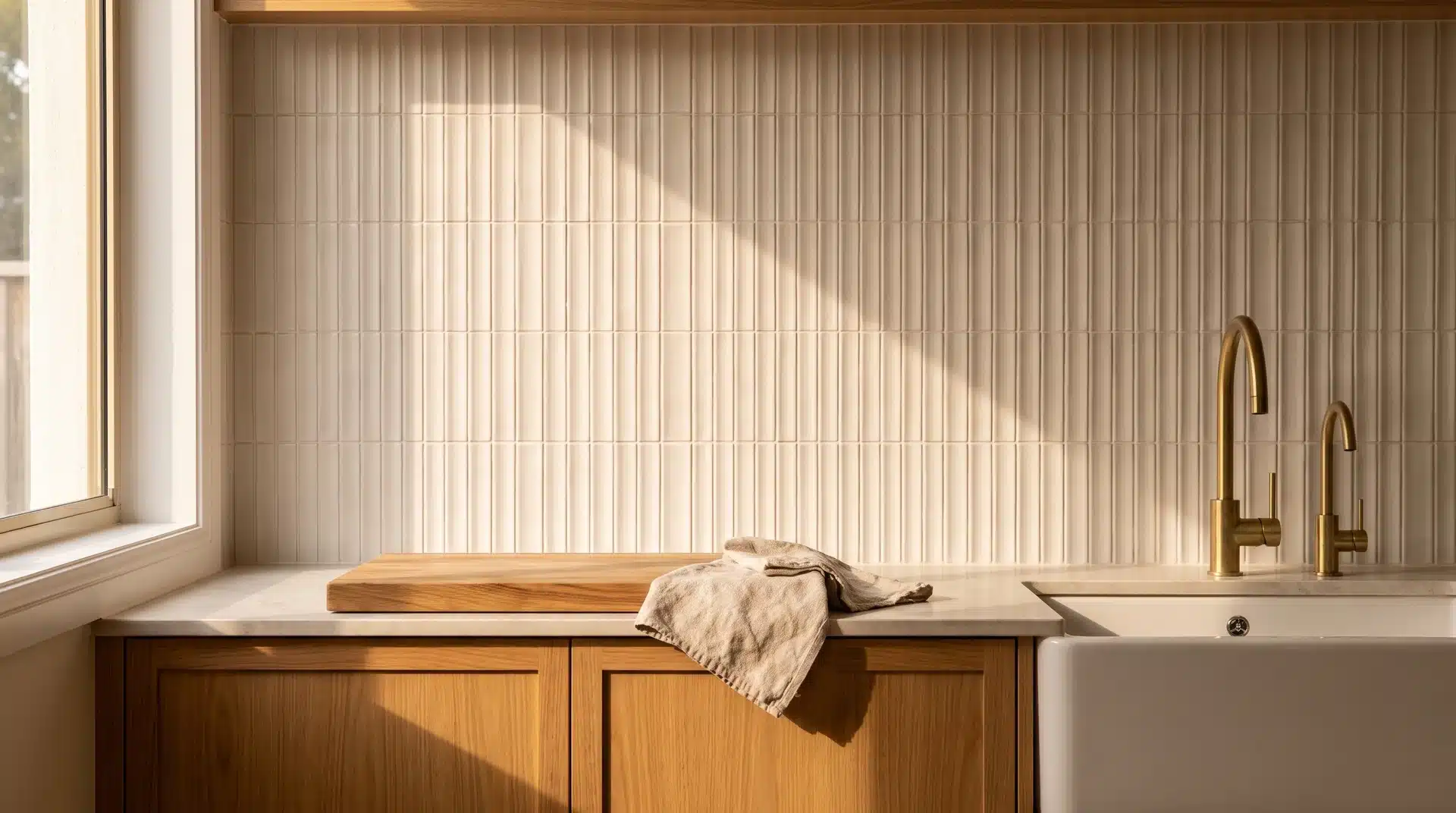 Warm off-white fluted ceramic tile splashback with vertical shadow lines behind timber cabinetry and brass taps.