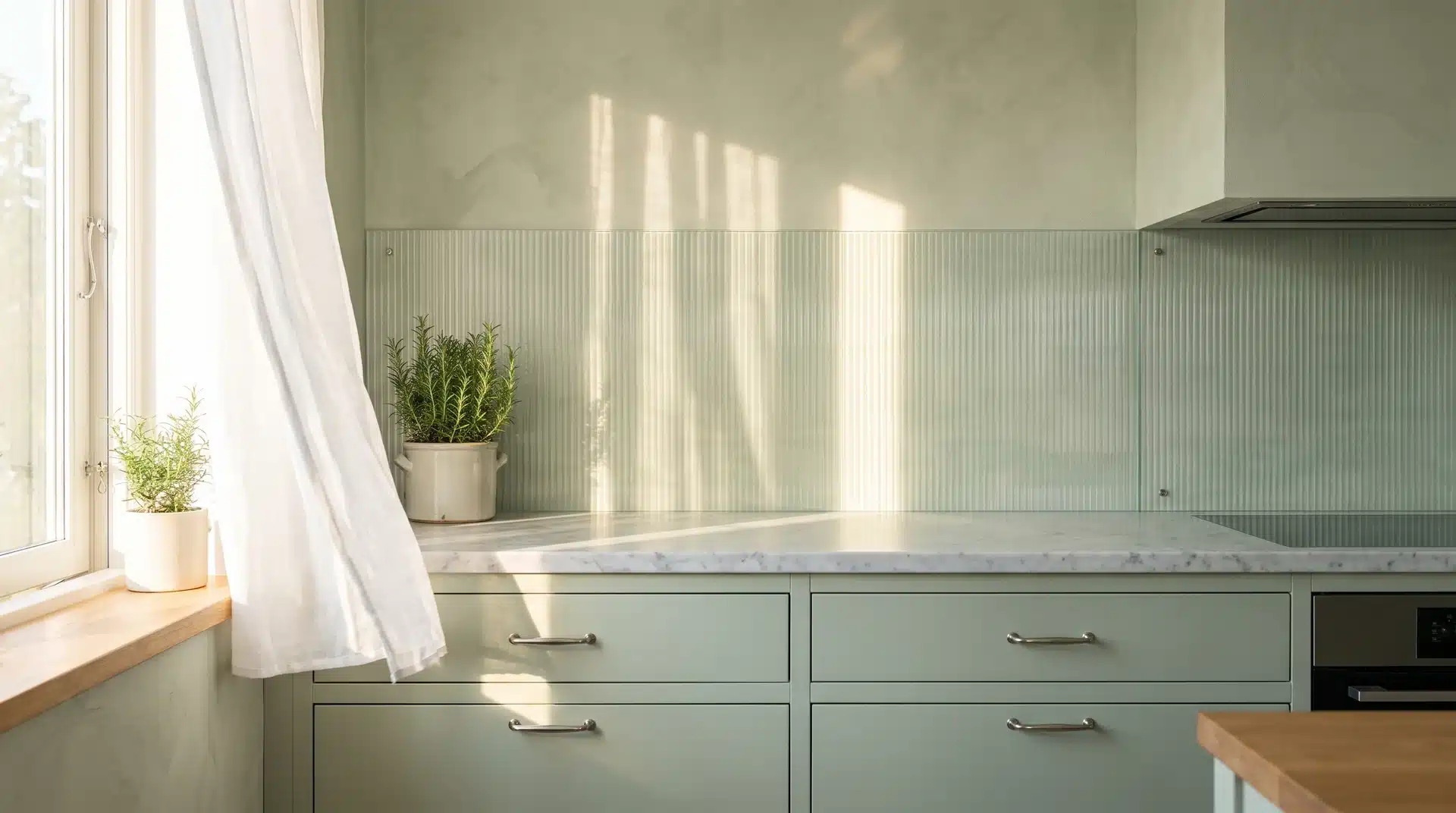 Clear fluted glass splashback refracting morning light behind sage green cabinetry and a marble countertop.