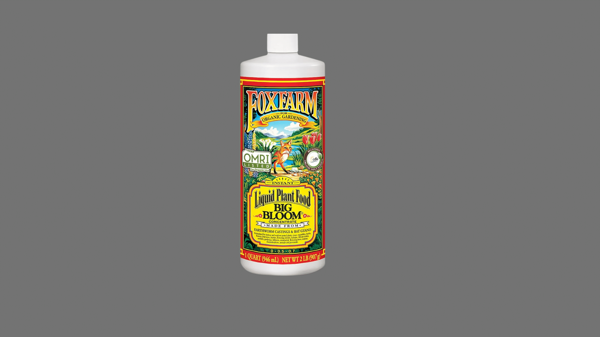 FoxFarm Big Bloom liquid plant food bottle for organic gardening and vegetable plant growth.