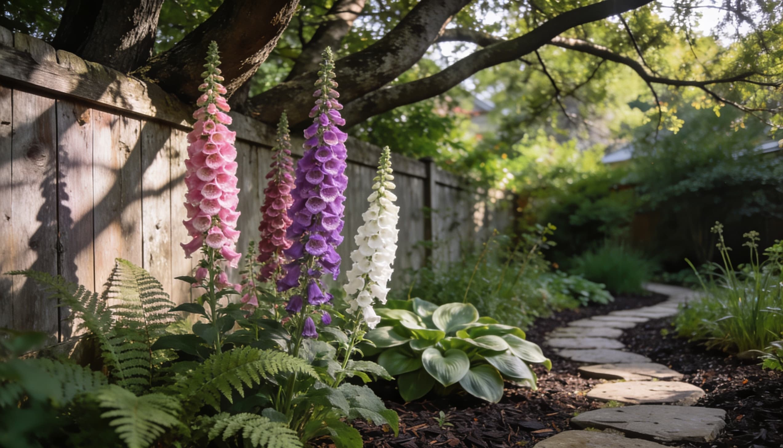 Tall foxglove plants growing in a shaded or partially shaded garden bed, with tubular, bell-shaped flowers in shades of purple, pink, or white arranged along a central spike.