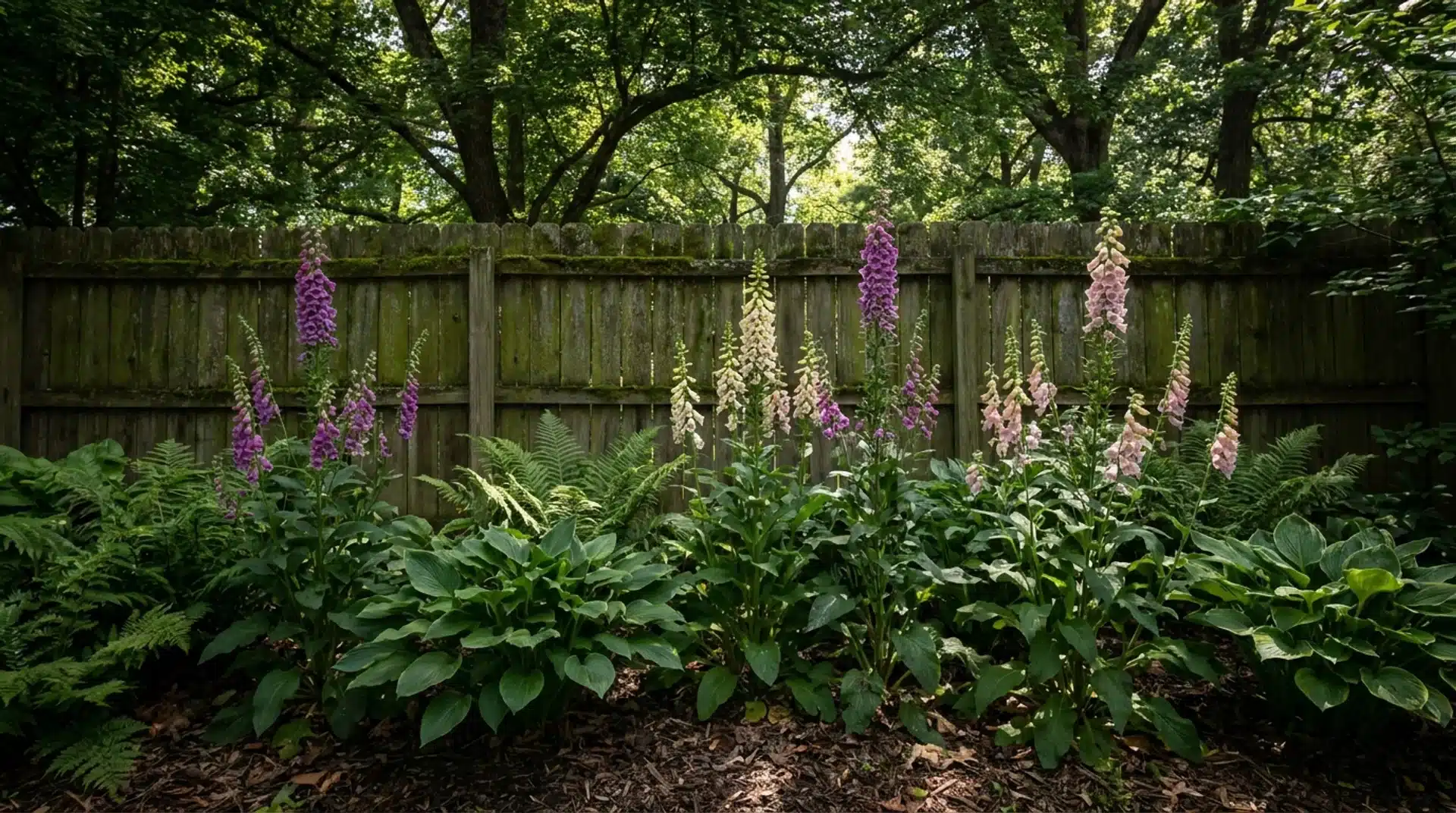 Tall foxglove spikes in purple, cream, and pink at the back of a layered shaded garden border.
