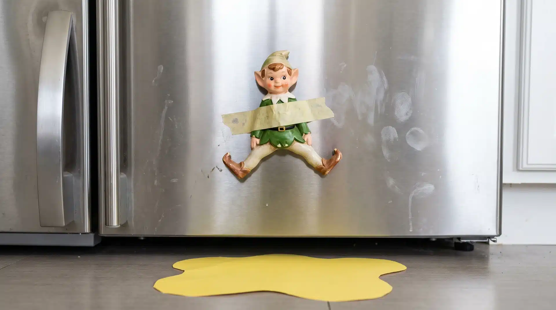 Elf on the shelf taped to a refrigerator door with legs spread outward and angled down.