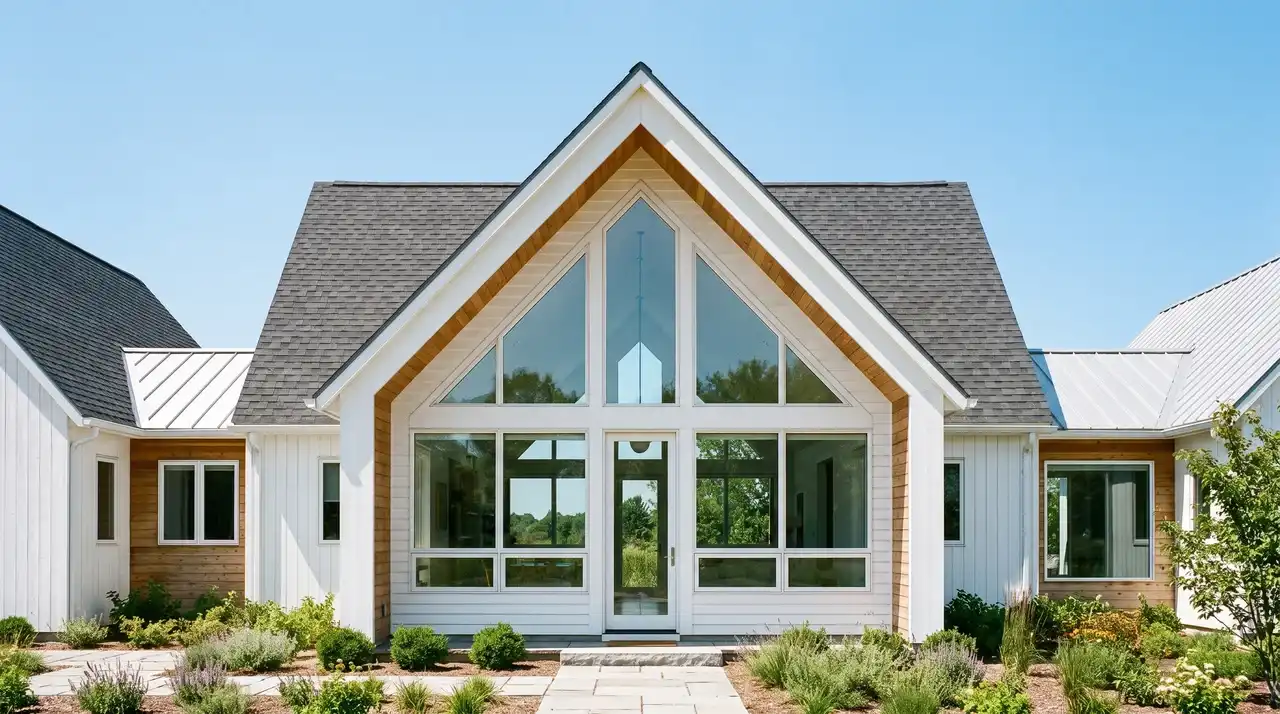 Modern white house featuring a front gable roof with a large triangular glass facade.