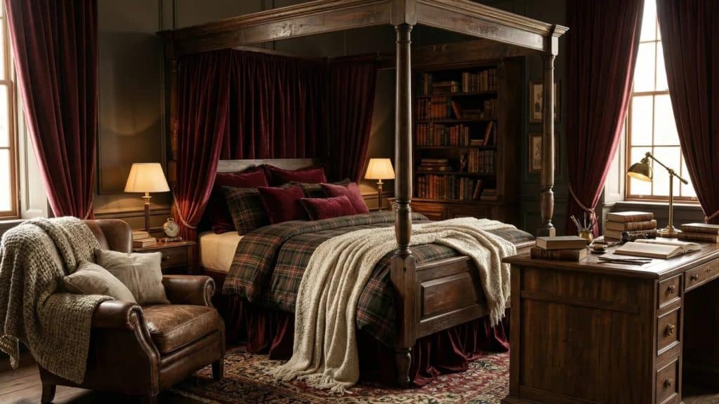 Dark academia bedroom with a dark wood four-poster bed, plaid bedding, burgundy velvet curtains, a leather armchair with a chunky knit blanket, an antique bookshelf, and a vintage writing desk lit by warm lamps.