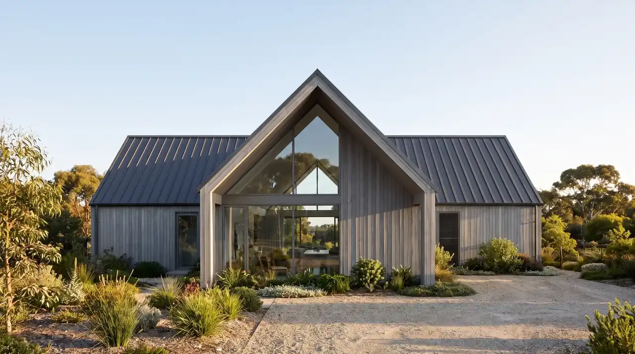 Modern grey wooden home with a high-pitched classic gable roof and large glass windows.
