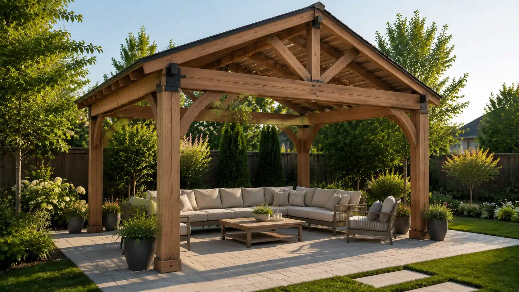 Gabled pergola with a peaked roof design, adding architectural detail and improved rain protection to a backyard entertainment area.