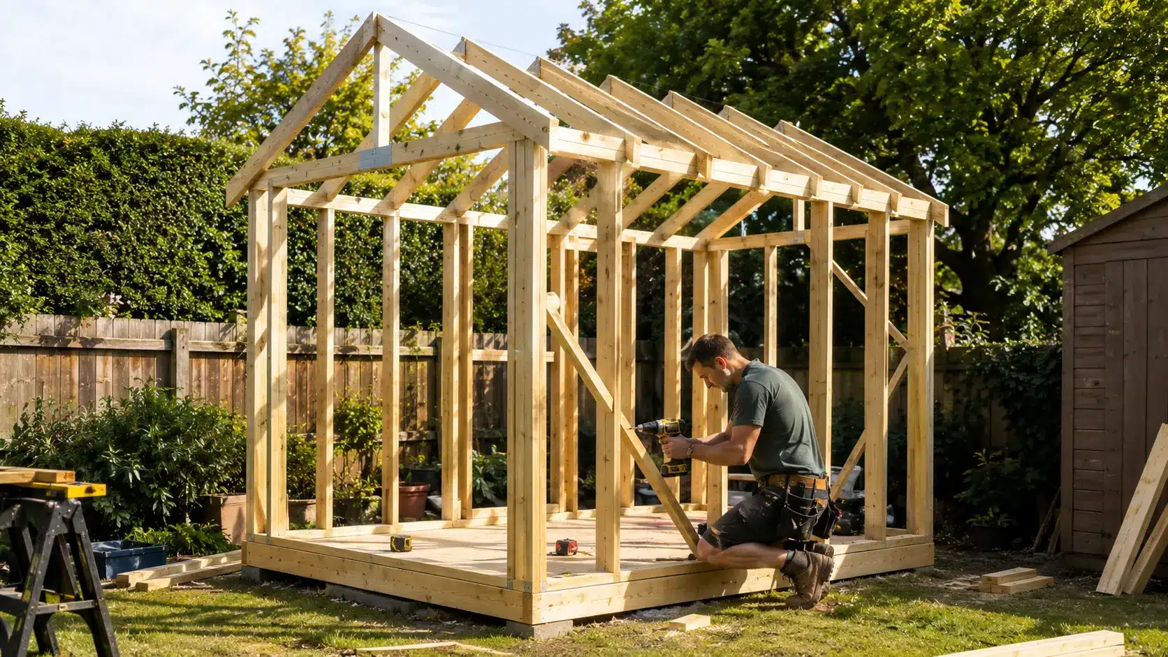Person building a C16 timber garden shed frame with a cordless drill in a backyard surrounded by trees and fencing.