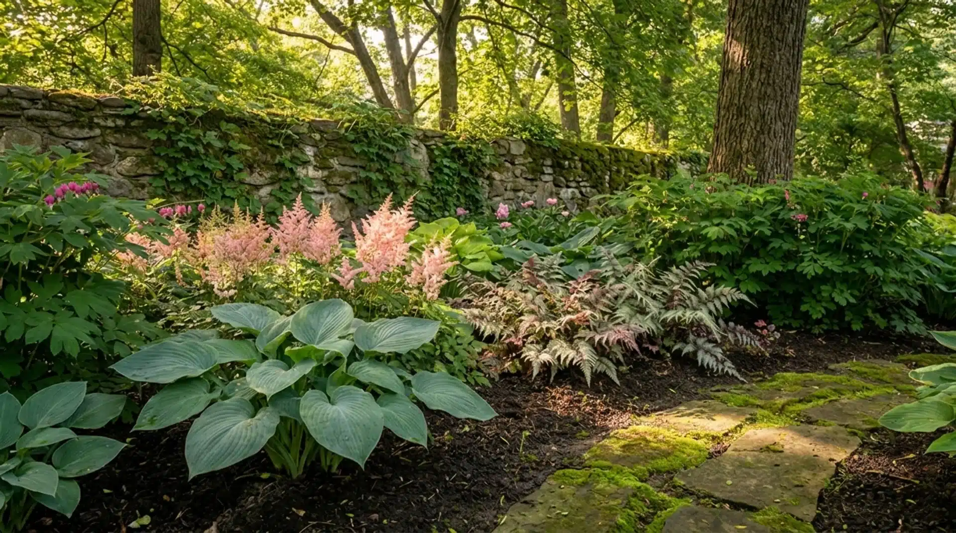 Layered shade garden bed with hostas, astilbe, and Japanese painted fern under dappled tree canopy.