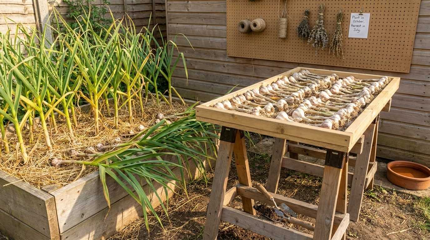 Outdoor garden scene showing garlic plants with yellowing stems still in a raised bed beside freshly harvested garlic bulbs drying on a wooden rack in late summer.