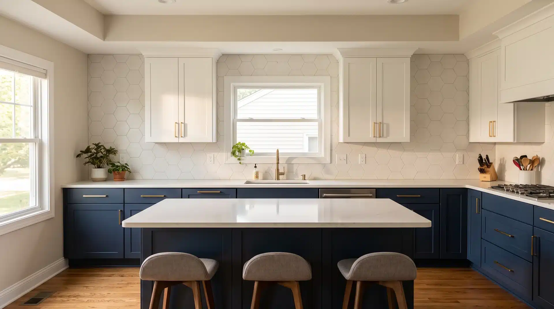 Full kitchen with white hexagonal tile splashback, navy lower cabinets, gold hardware and undermount sink.