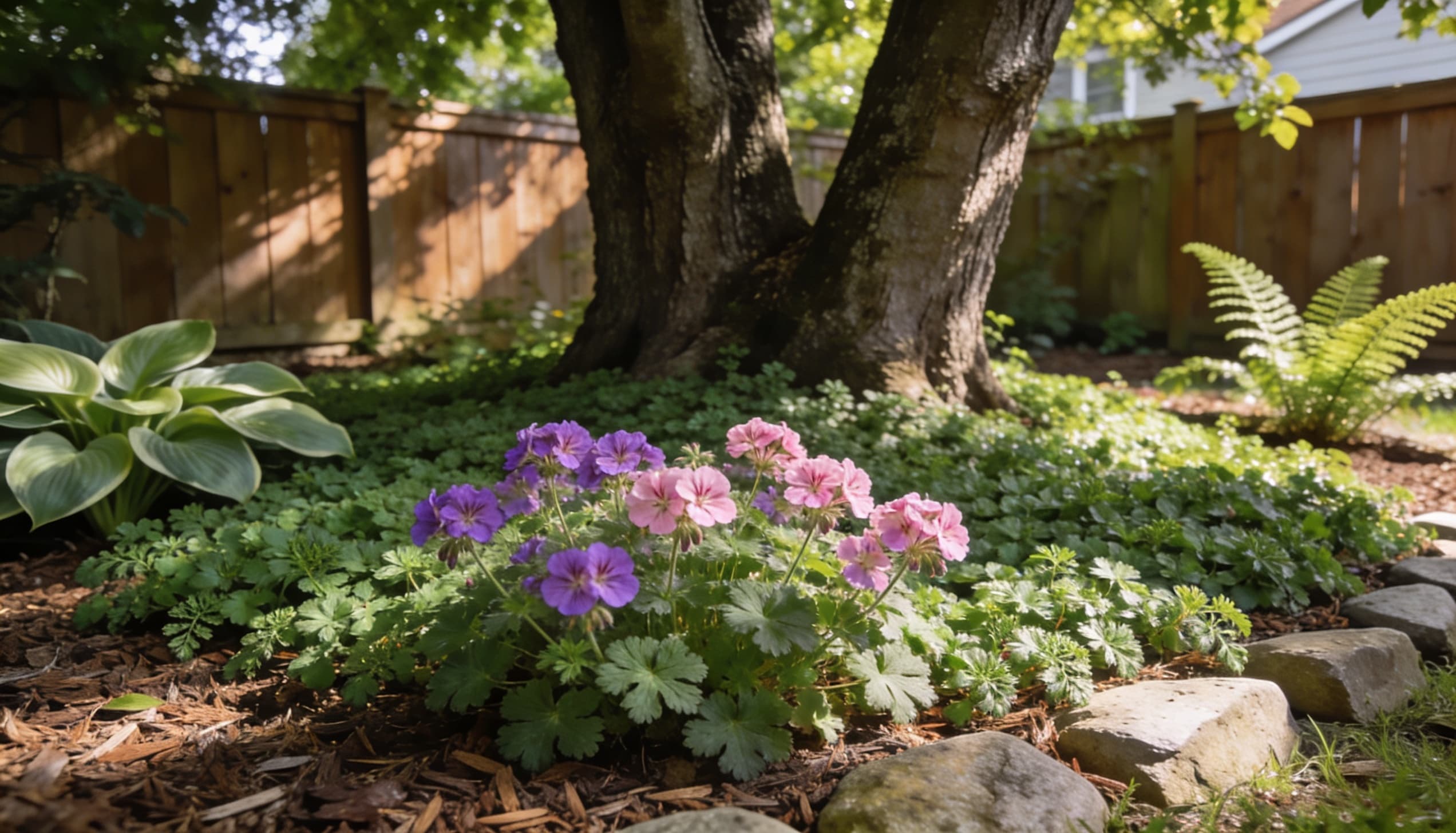 Carpet of Geranium macrorrhizum with aromatic, sticky leaves and pink or white flowers, covering the ground in a dry, shady garden under deciduous trees.
