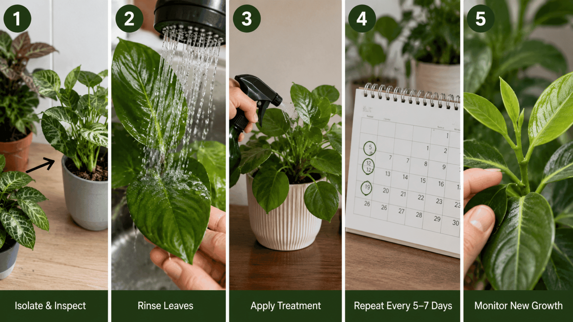 Five-step guide showing isolating, rinsing, treating, repeating, and monitoring houseplants to eliminate spider mites.
