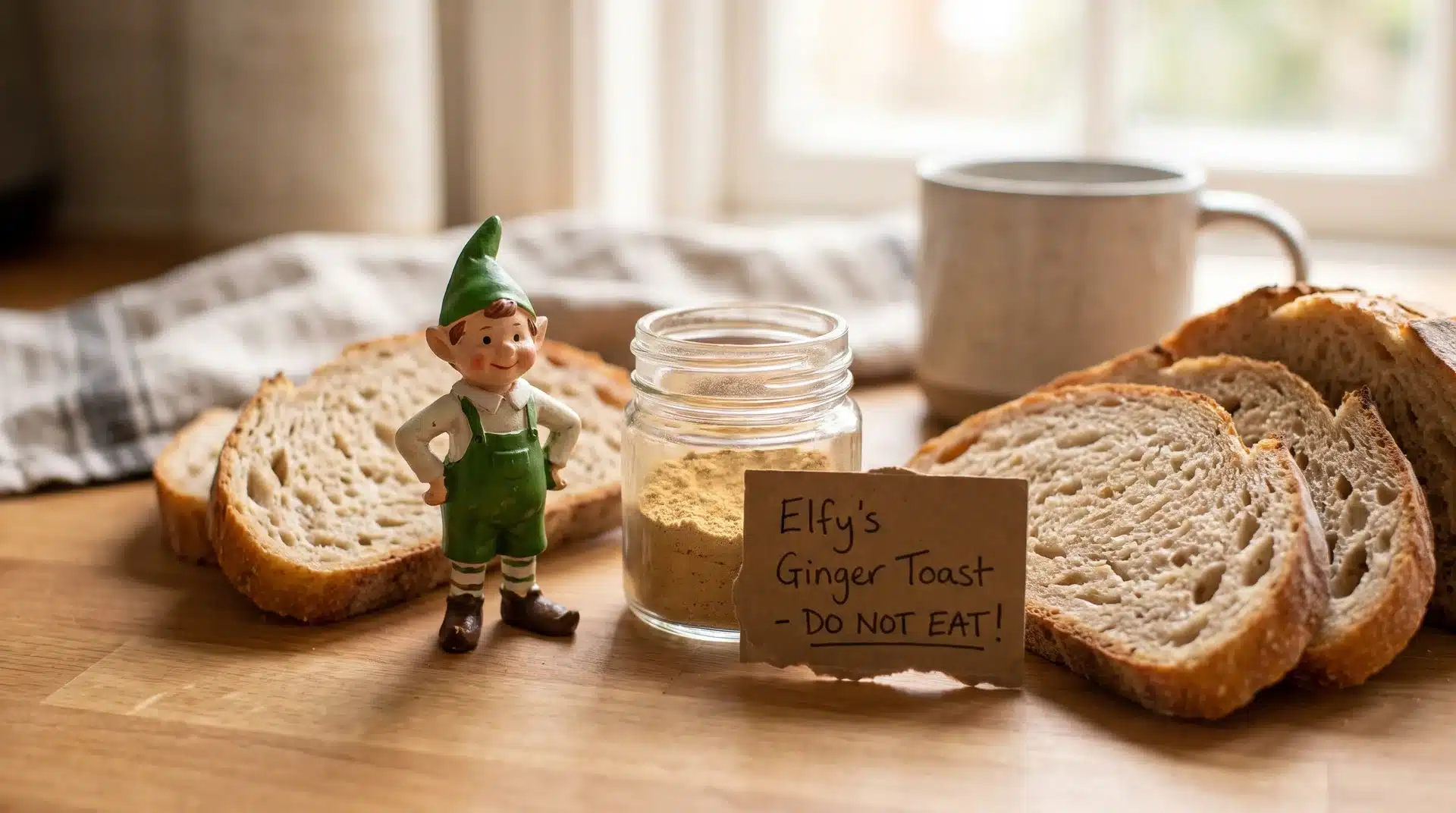 Elf on the shelf standing next to bread slices arranged around a jar of ground ginger.