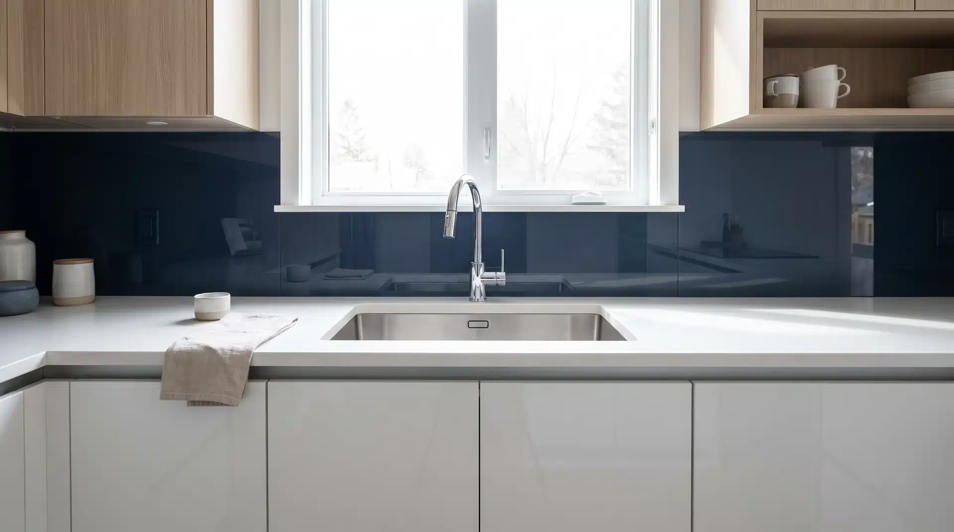 Navy back-painted glass splashback behind undermount sink with white handleless cabinets and chrome tap.