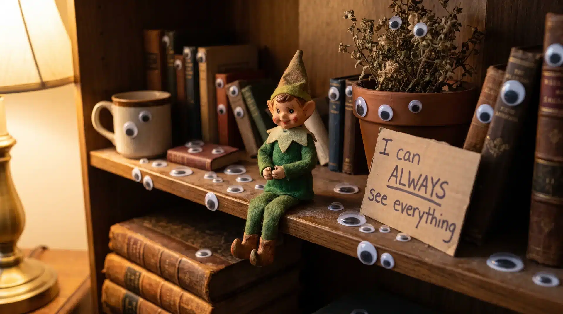 Elf on the shelf on a shelf surrounded by googly eyes and a sign reading I can see everything.