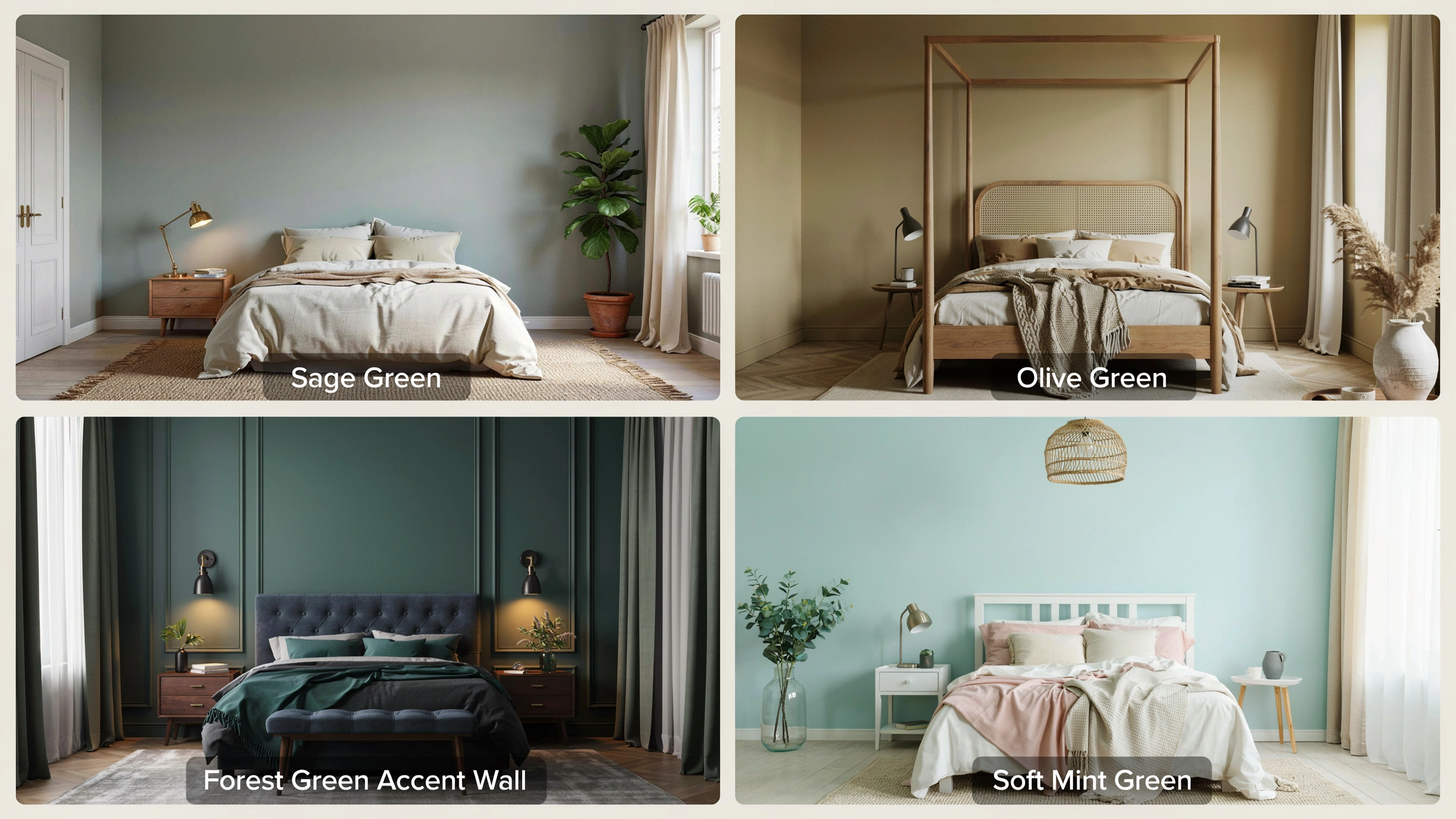 Luxury bedroom collage showing sage green, olive green, forest green, and soft mint green walls with natural décor.