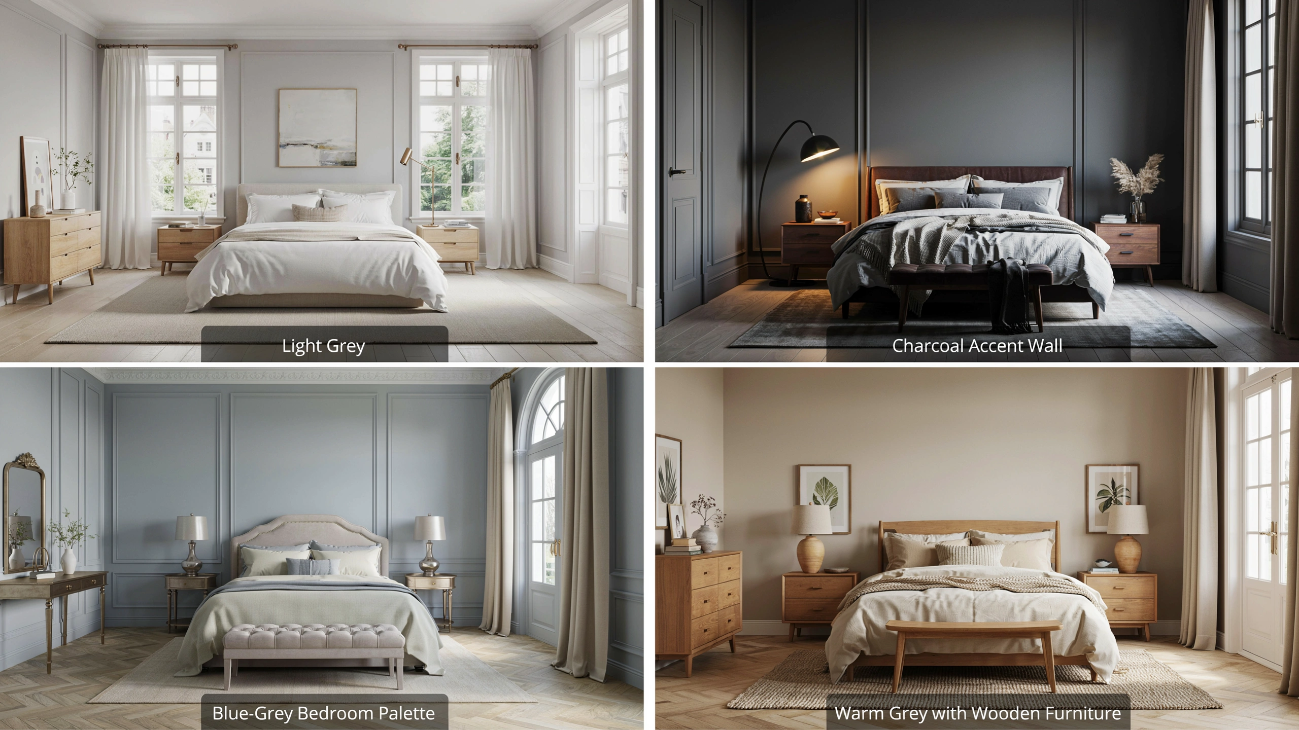 Modern luxury bedroom collage showing light grey, charcoal, blue-grey, and warm grey walls with stylish furniture.