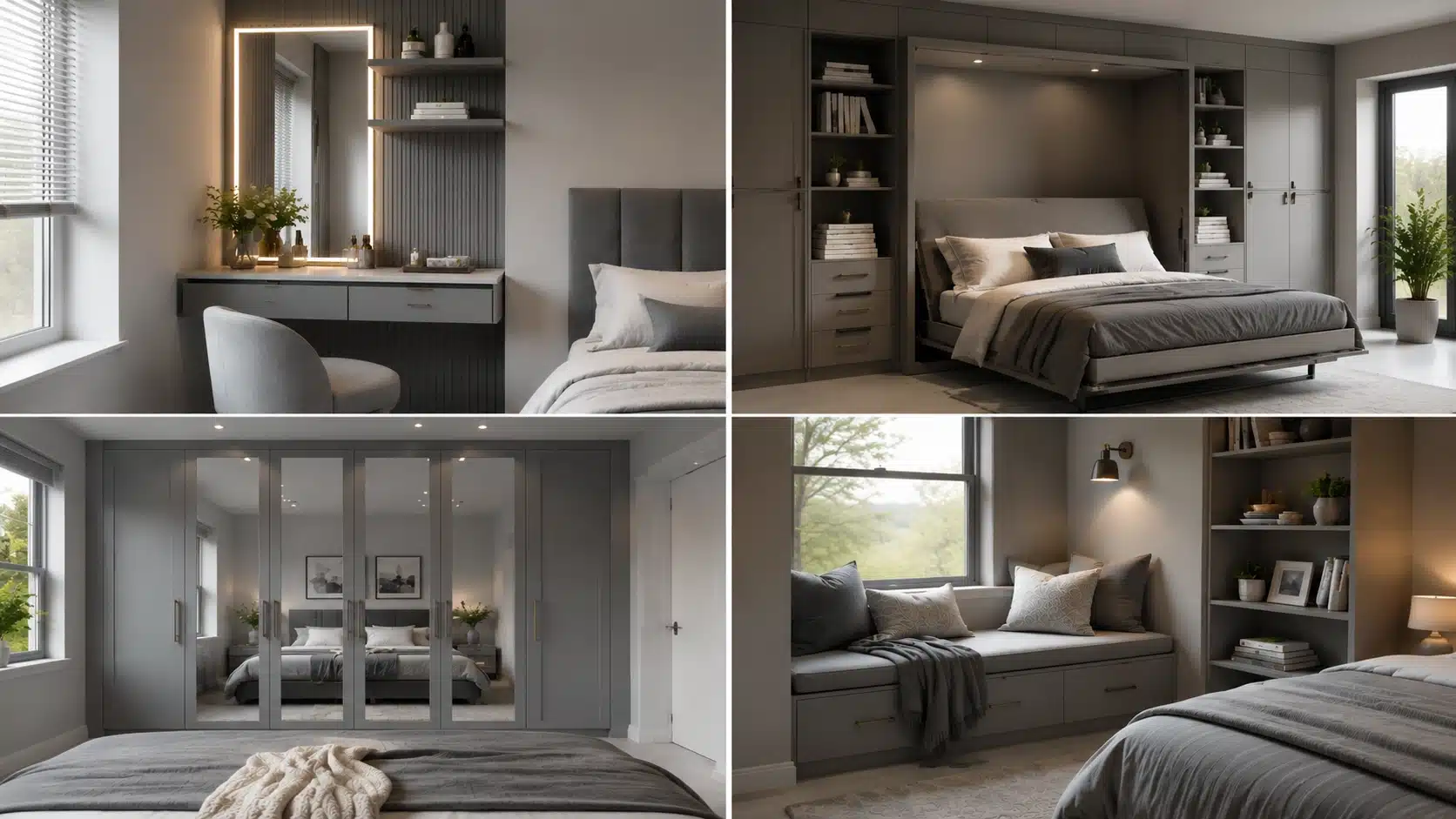 Grey bedroom designs featuring sage green, blush pink, industrial lighting, coastal whites, and terracotta accents