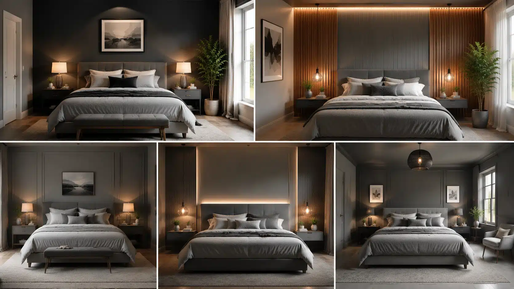 Grey bedrooms featuring charcoal walls, wood slats, layered wall panels, lighting details, and soft graphite tones
