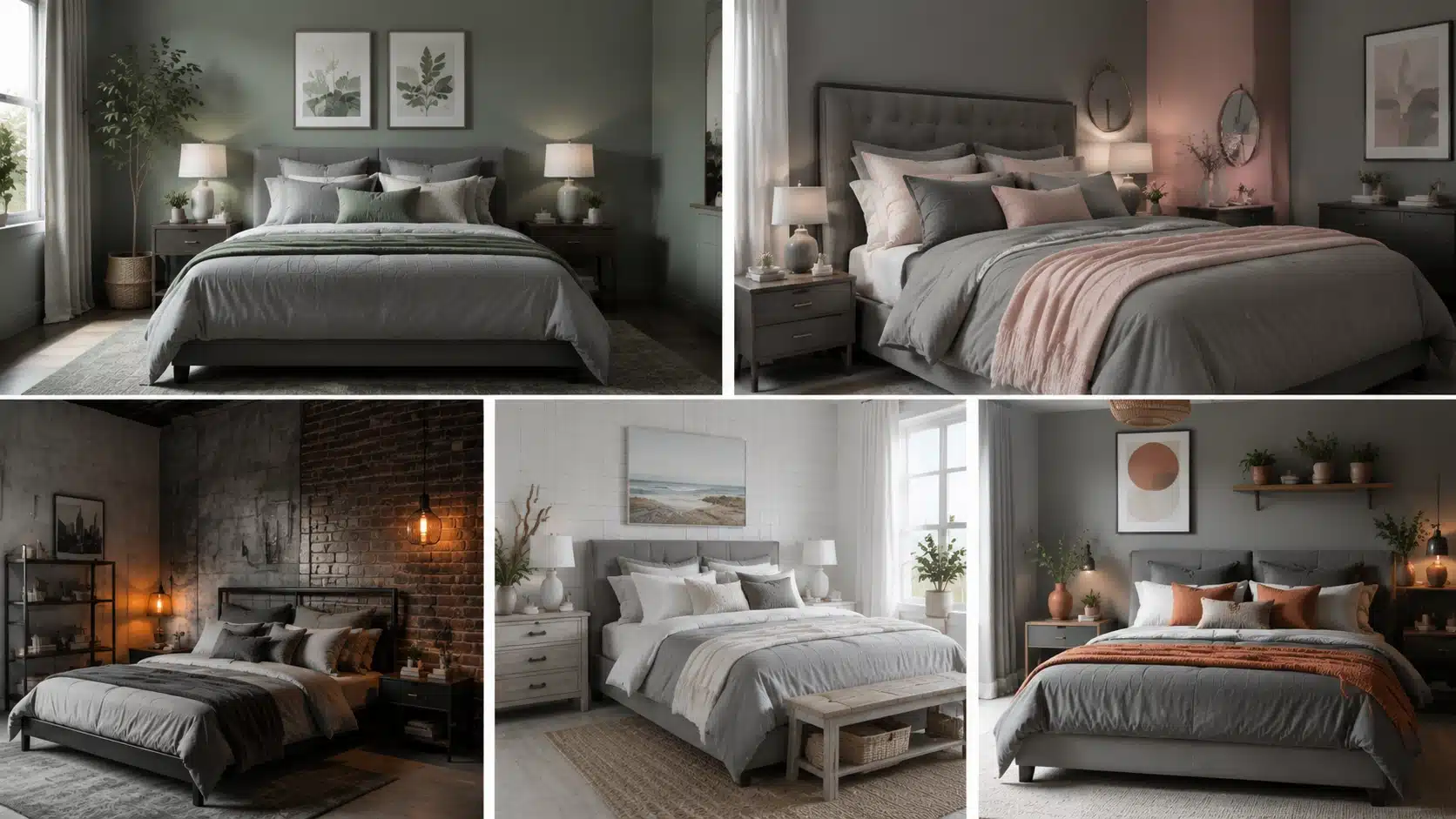 Grey bedroom featuring sage green, blush, terracotta, and warm lighting accents, creating a cozy, modern space with layered textures and soft tones.