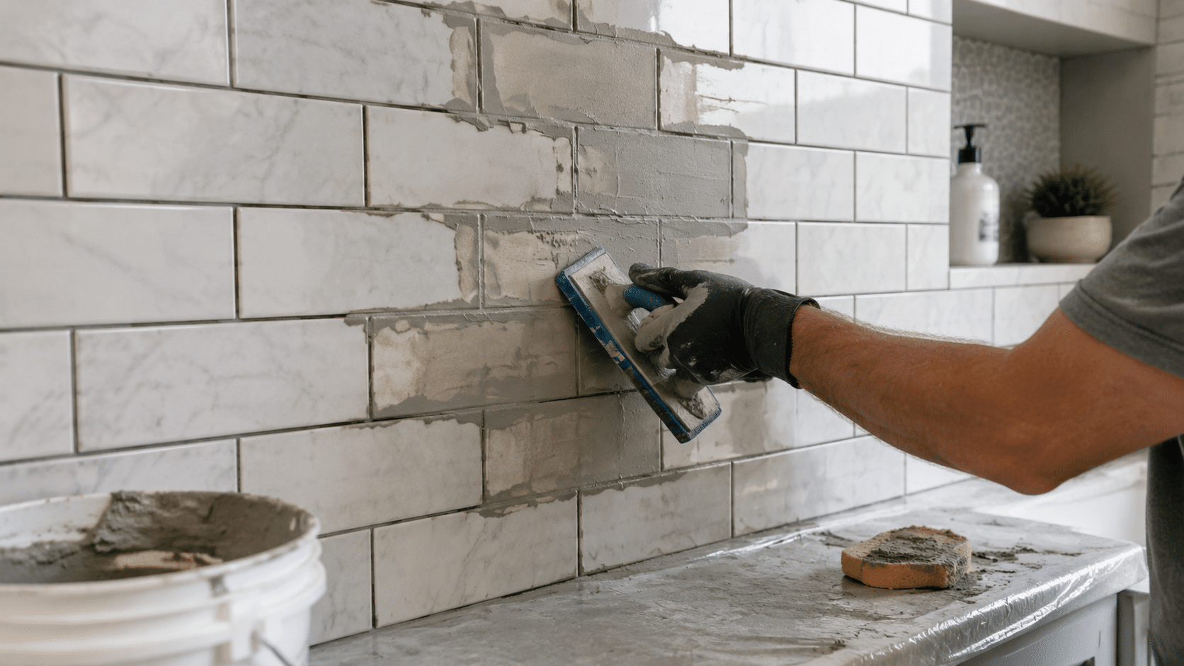 Worker applying fresh grout between white marble subway tiles using a rubber float during bathroom wall renovation.
