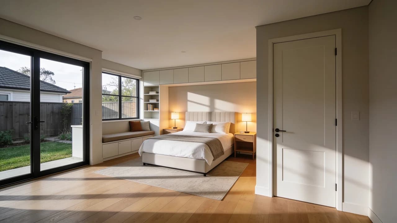 Guest suite addition with bedroom seating area and backyard windows.