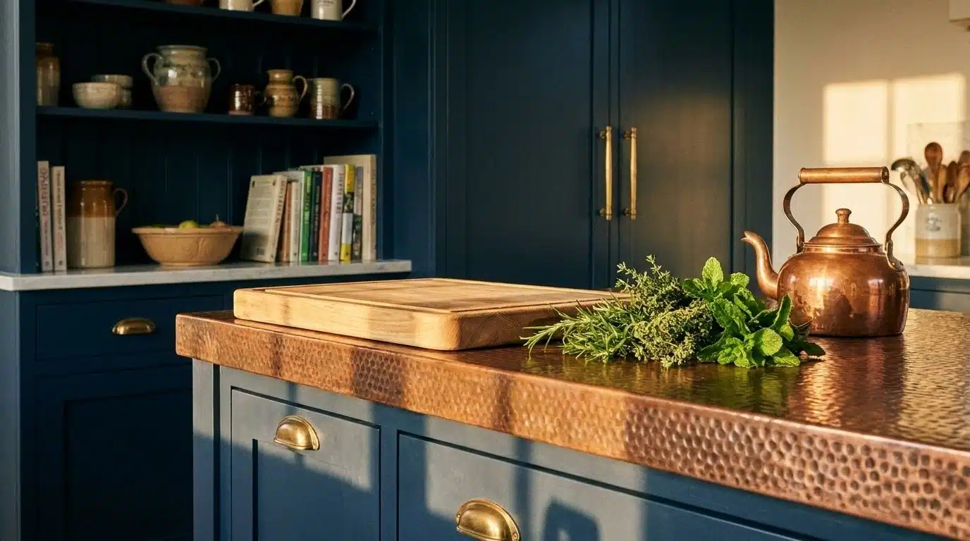 Kitchen island countertop with hammered copper edge