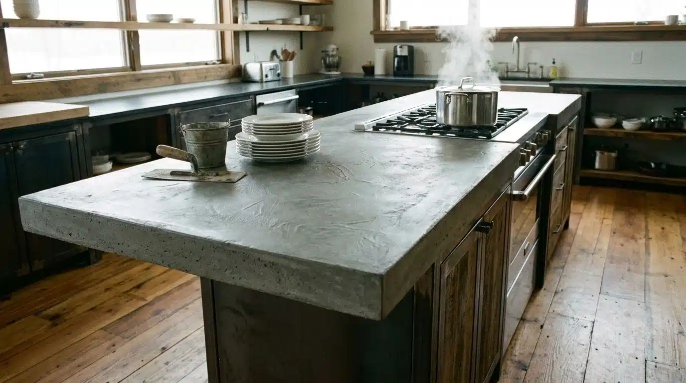 Kitchen island with hand-smoothed concrete top