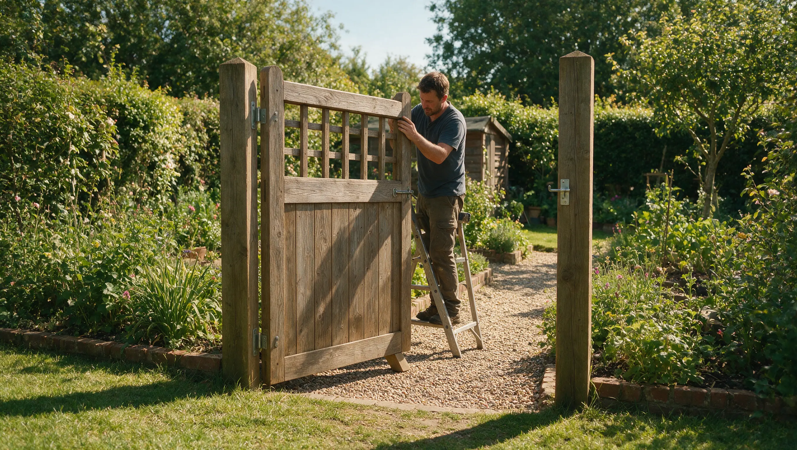 Person testing a newly installed wooden garden gate between fence posts in a landscaped backyard garden.