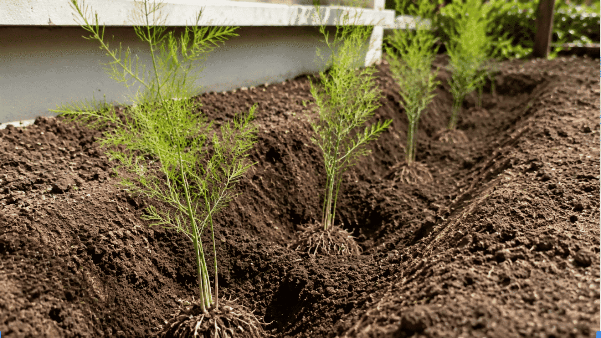 Young asparagus seedlings transplanted into a compost-rich garden trench after hardening off, growing in full sun with healthy ferny foliage.