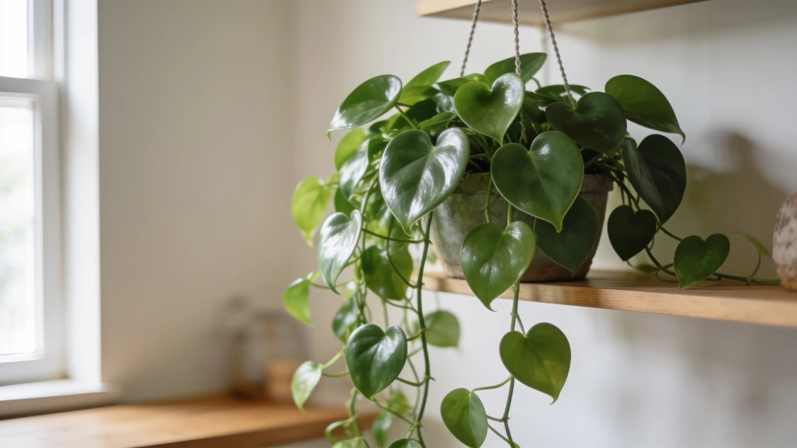 Heartleaf philodendron with trailing green heart-shaped leaves in an indoor hanging planter.