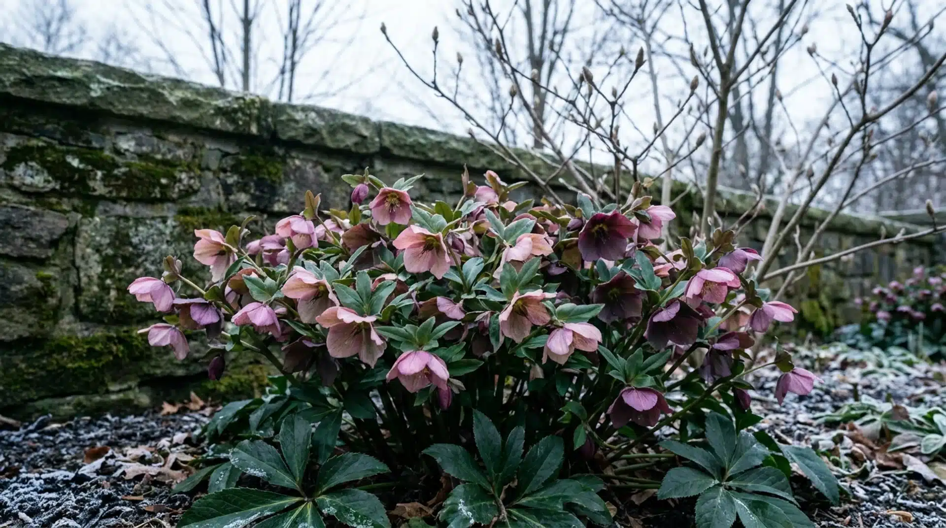 Dusty pink and plum hellebore flowers nodding above glossy evergreen foliage at base of garden wall in late winter.