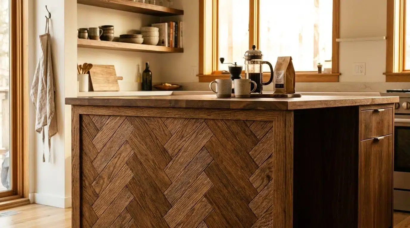 Kitchen island end with herringbone wood panel