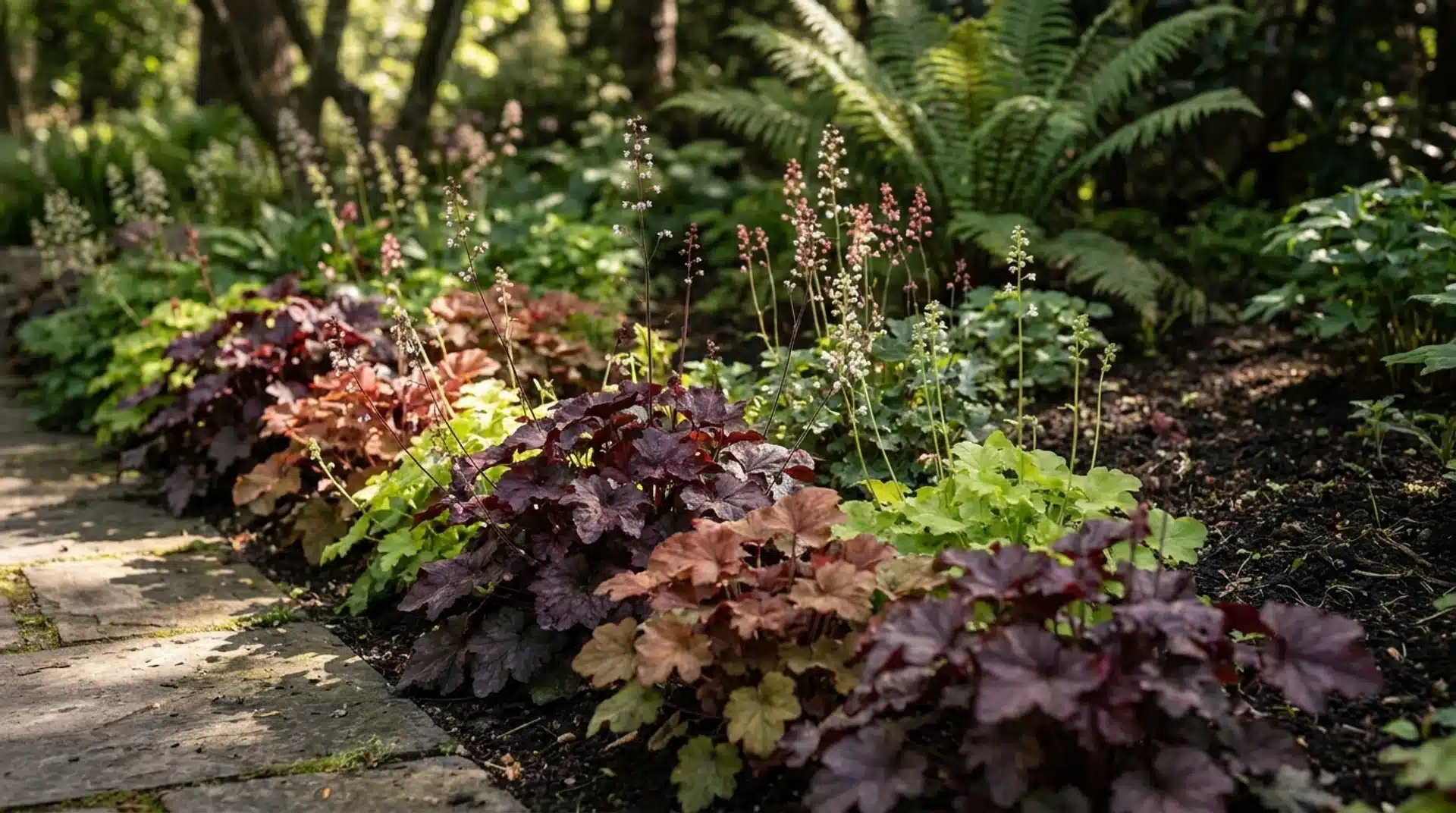 Mounding heuchera clumps in burgundy, copper, and lime green along a shaded stone path edge.