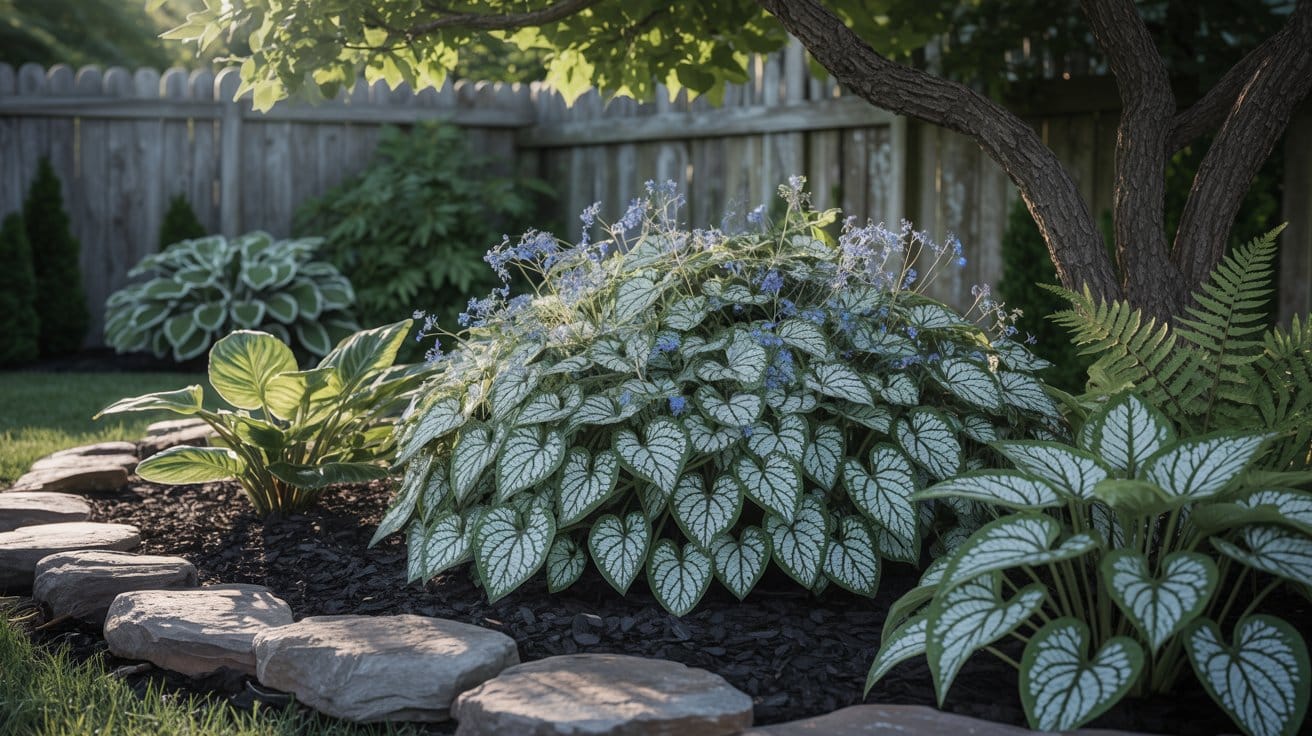 Colorful Heuchera plants growing in a shaded garden bed, showing vibrant foliage in shades of deep purple, burgundy, lime green, or caramel.