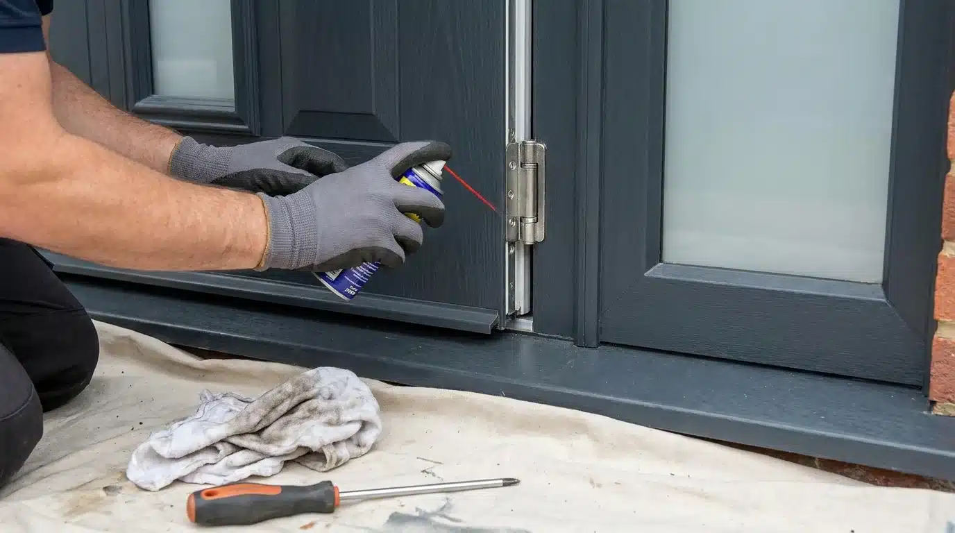 Lubricating a composite door hinge during routine maintenance after adjustment.
